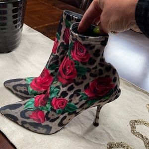 Dolce & Gabbana Leopard & Red Rose Print Pointed Ankle Boots